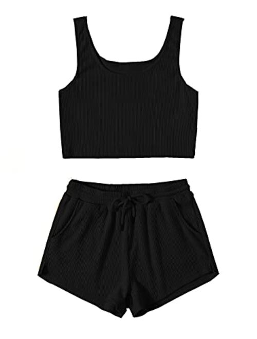 SweatyRocks Women's Suit Two Piece Outfits Sleeveless Crop Cami Top and Shorts Set