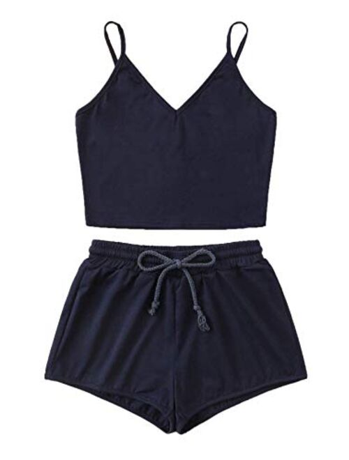 SweatyRocks Women's Suit Two Piece Outfits Sleeveless Crop Cami Top and Shorts Set