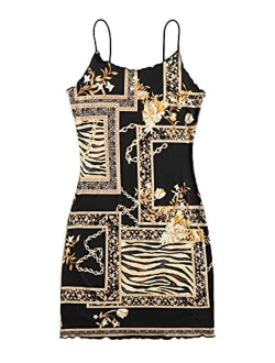 Women's Casual Graphic Print V Neck Spaghetti Strap Bodycon Cami Mini Dress