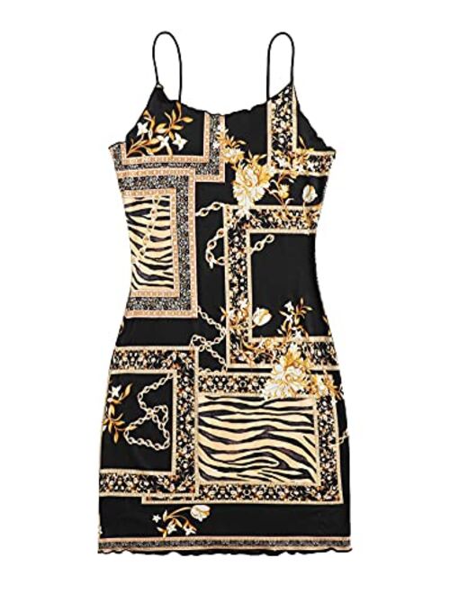 SweatyRocks Women's Casual Graphic Print V Neck Spaghetti Strap Bodycon Cami Mini Dress