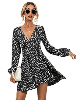 Women's Boho Long Sleeve Knot Front V Neck Swing A Line Mini Dress