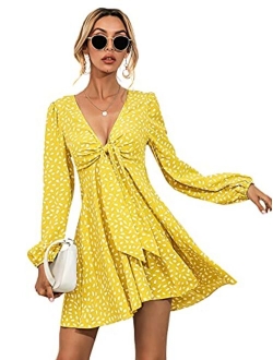 Women's Boho Long Sleeve Knot Front V Neck Swing A Line Mini Dress