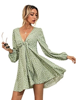 Women's Boho Long Sleeve Knot Front V Neck Swing A Line Mini Dress