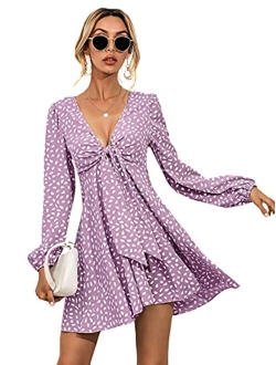 Women's Boho Long Sleeve Knot Front V Neck Swing A Line Mini Dress