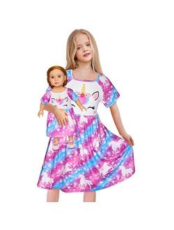 Doll and Girl Matching Nightgown Unicorn Outfit Pajamas Night Dress for Girls and 18" Dolls Clothes