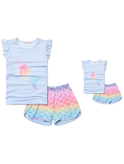 CHILDRENSTAR Matching Girls&Doll Pajama Sets Summer Pjs Flutter Sleeve Sleepwear