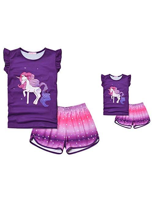 CHILDRENSTAR Matching Girls&Doll Pajama Sets Summer Pjs Flutter Sleeve Sleepwear