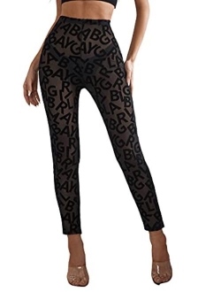 Women's Floral Sheer Mesh Leggings Stretchy High Waist Pants