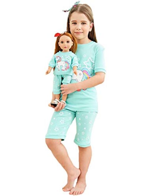 Babyroom Girls Matching Doll&Toddler 4 Piece Cotton Pajamas Toddler Unicorn Sleepwear