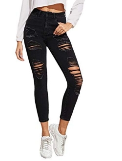 Women's Casual High Waist Ripped Skinny Jeans Distressed Denim Pants