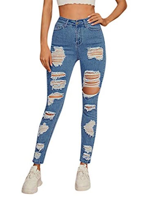 SweatyRocks Women's Casual High Waist Ripped Skinny Jeans Distressed Denim Pants