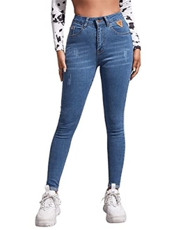 Women's Casual Button High Rise Skinny Denim Jeans