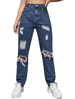 Women's Ripped Boyfriend Jeans Distressed Denim Ankle Length Jeans