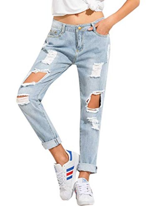 SweatyRocks Women's Ripped Boyfriend Jeans Distressed Denim Ankle Length Jeans