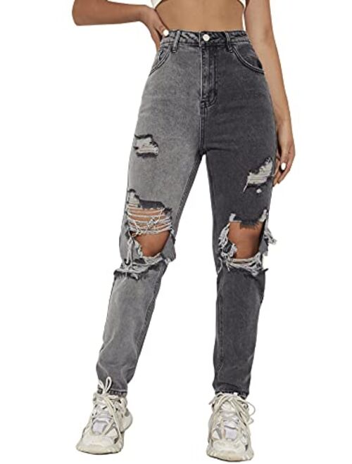 SweatyRocks Women's Ripped Boyfriend Jeans Distressed Denim Ankle Length Jeans