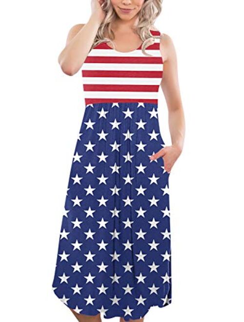 Spadehill Women July 4th American Flag Sleeveless Dress with Pockets