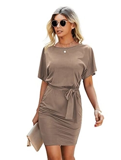 Women's Casual Short Sleeve T Shirt Dress Knot Side Beach Mini Dresses