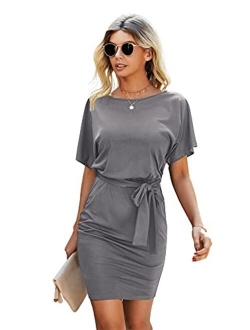 Women's Casual Short Sleeve T Shirt Dress Knot Side Beach Mini Dresses