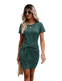 Women's Casual Short Sleeve T Shirt Dress Knot Side Beach Mini Dresses