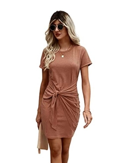 Women's Casual Short Sleeve T Shirt Dress Knot Side Beach Mini Dresses