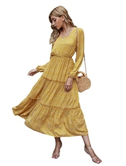 Women's Long Sleeve Floral Print Flared Flowy Chiffon Maxi Dress