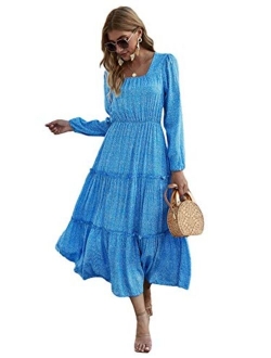 Women's Long Sleeve Floral Print Flared Flowy Chiffon Maxi Dress