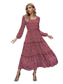 Women's Long Sleeve Floral Print Flared Flowy Chiffon Maxi Dress