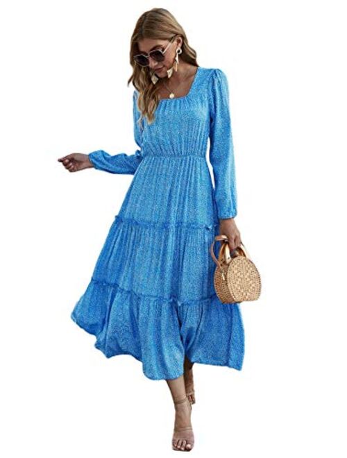 SweatyRocks Women's Long Sleeve Floral Print Flared Flowy Chiffon Maxi Dress