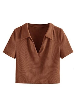 Women's Collar Ribbed Knit Tee Short Sleeve Crop Top T-Shirts