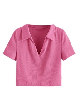 Women's Collar Ribbed Knit Tee Short Sleeve Crop Top T-Shirts