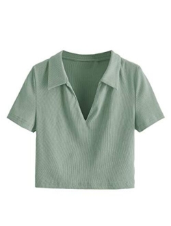 Women's Collar Ribbed Knit Tee Short Sleeve Crop Top T-Shirts