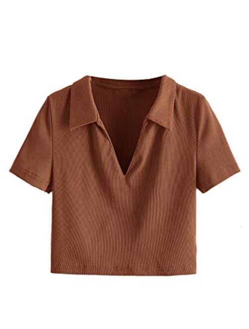 SweatyRocks Women's Collar Ribbed Knit Tee Short Sleeve Crop Top T-Shirts