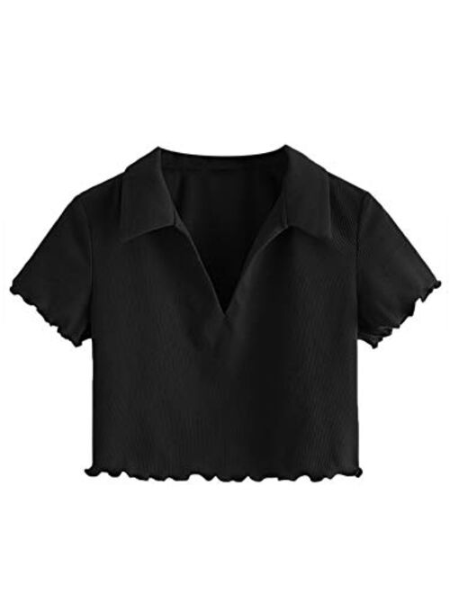 SweatyRocks Women's Collar Ribbed Knit Tee Short Sleeve Crop Top T-Shirts