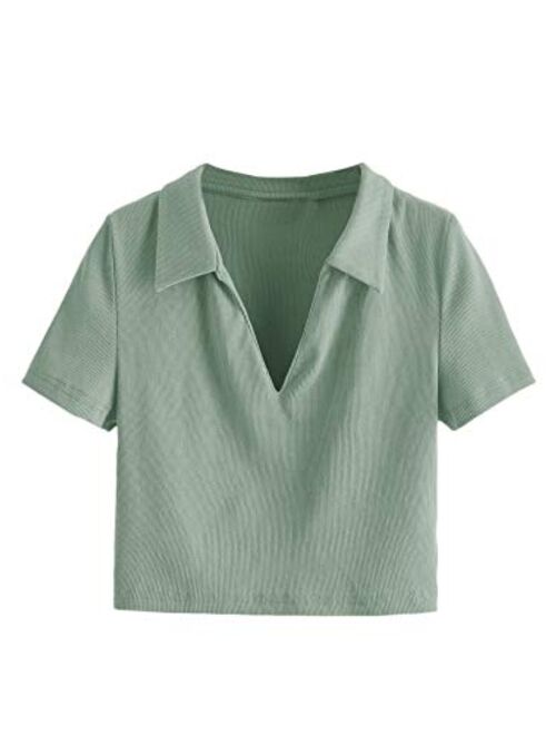 SweatyRocks Women's Collar Ribbed Knit Tee Short Sleeve Crop Top T-Shirts