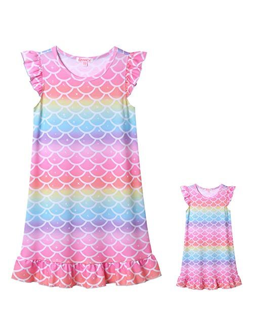 QPANCY Matching Girls&Doll Nightgowns Princess Flutter Sleeve Pajamas Sleepwear Night Dresses