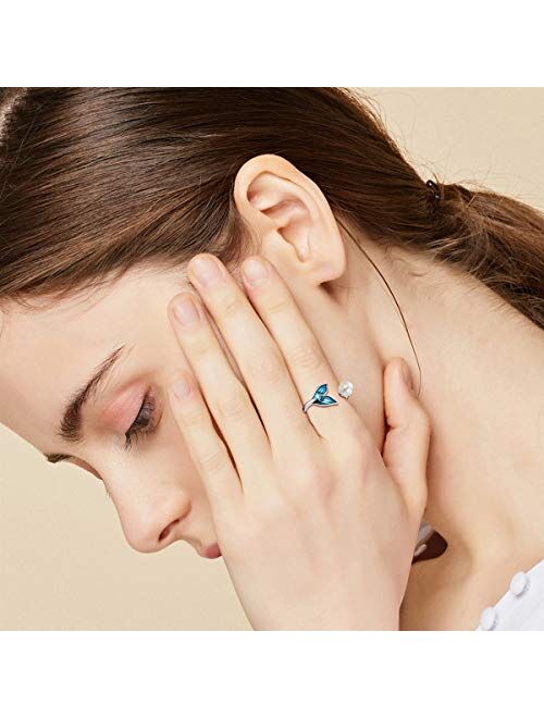 Mermaid Tail Drop Dangle Earrings, 925 Sterling Silver Mermaid Tail Ring Ocean Sea Whale’s Tail Earrings for Women Girls