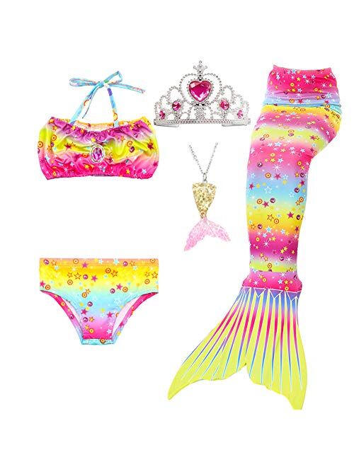 5Pcs Girls Swimsuit Mermaid Tails for Swimming Princess Bikini Bathing Suit Set Can Add Monofin for 4T 6T 8T 10T 12T