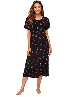 Women's Casual Nightgown Sleepwear Short Sleeves Cherry Print Sleepdress