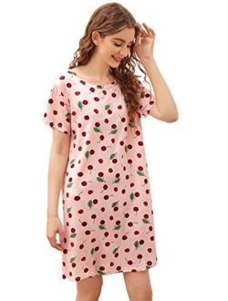 Women's Casual Nightgown Sleepwear Short Sleeves Cherry Print Sleepdress