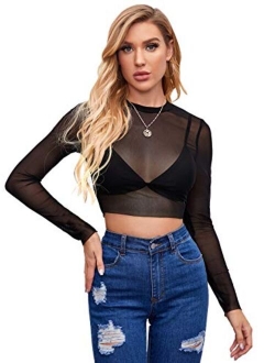 Women's See Through Shirts Basic Long Sleeve Sheer Mesh Crop Tops