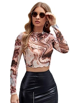 Women's See Through Shirts Basic Long Sleeve Sheer Mesh Crop Tops