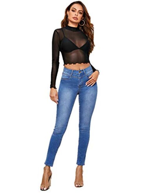 SweatyRocks Women's See Through Shirts Basic Long Sleeve Sheer Mesh Crop Tops