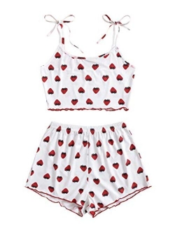 Women's Summer Strawberry Print Cami Top and Shorts Sleepwear Pajamas Set