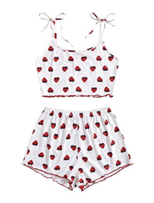 SweatyRocks Women's Summer Strawberry Print Cami Top and Shorts Sleepwear Pajamas Set