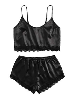 Women's Satin Lace Sleepwear Cami Top and Shorts Pajama Set