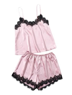 Women's Satin Lace Sleepwear Cami Top and Shorts Pajama Set