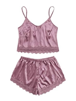 Women's Satin Lace Sleepwear Cami Top and Shorts Pajama Set