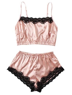 Women's Satin Lace Sleepwear Cami Top and Shorts Pajama Set