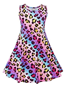 Little Girls Sleeveless Summer Unicorn Tie Dye Leopard Party Twirl Dress 4th of July Dresses