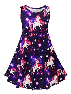 Little Girls Sleeveless Summer Unicorn Tie Dye Leopard Party Twirl Dress 4th of July Dresses